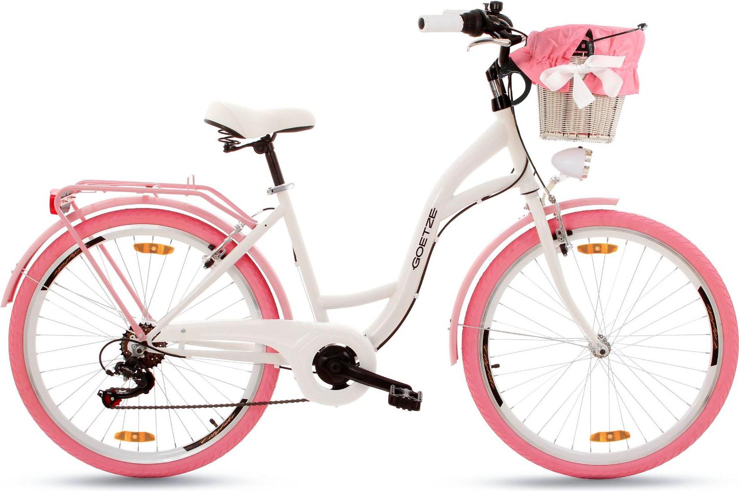 Goetze Mood 26 Zoll City Bike, 17 Zoll Tiefeinsteigerrahmen, 6-Gang Shimano Tourney, V-Bremse, LED-Beleuchtung, Komfortsattel, Rattankorb