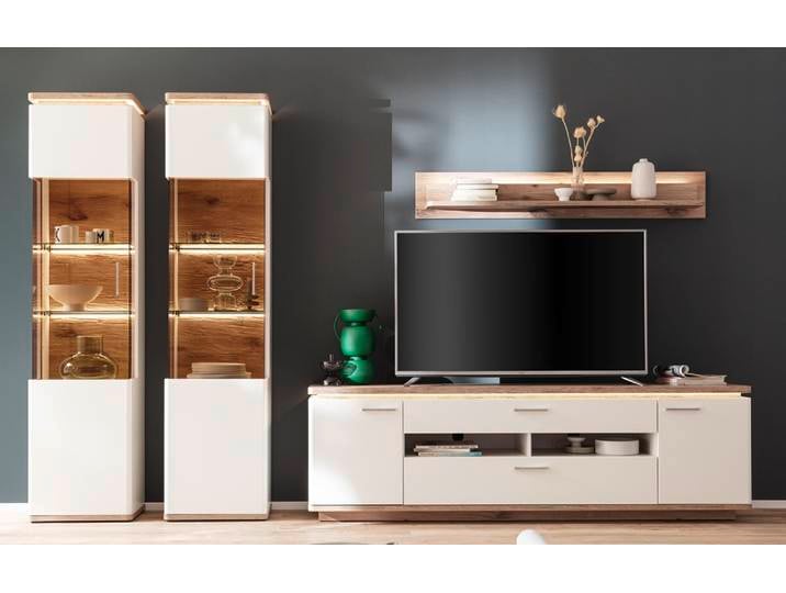 Wohnkombination Palermo 4 , Soft white / Viking Oak , 4-teilig , komplett Beleuchtung