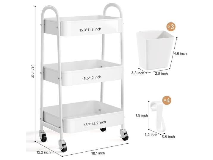 Chariot à roulettes en métal à trois niveaux (avec roues verrouillables) - chariot roulant multifonctionnel, adapté aux cuisines, aux salles de bain, aux garages