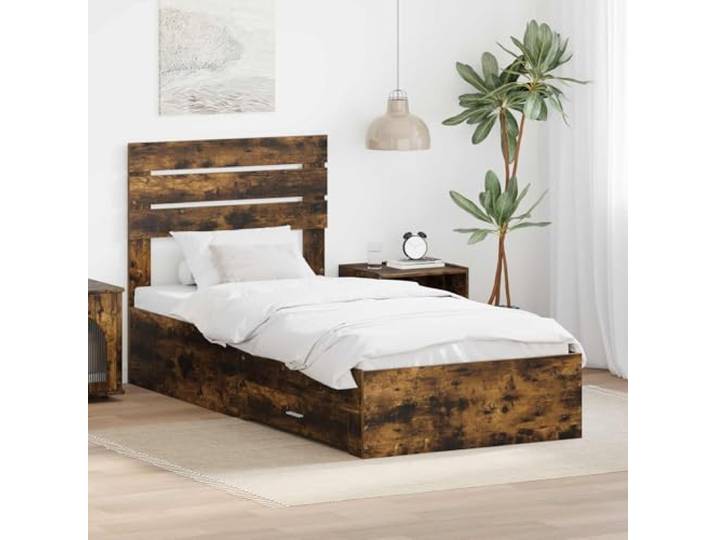 RJPLMFV Bettgestell mit Schublade, Holz Minimalistisches Design, Griffe aus Metall, Lattenrost inklusive, integrierte Aufbewahrung