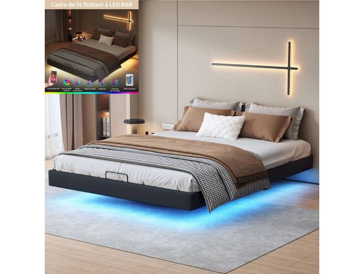 Lit coffre 160x200 cm - NMONET - LED - Noir - Moderne - 2 places