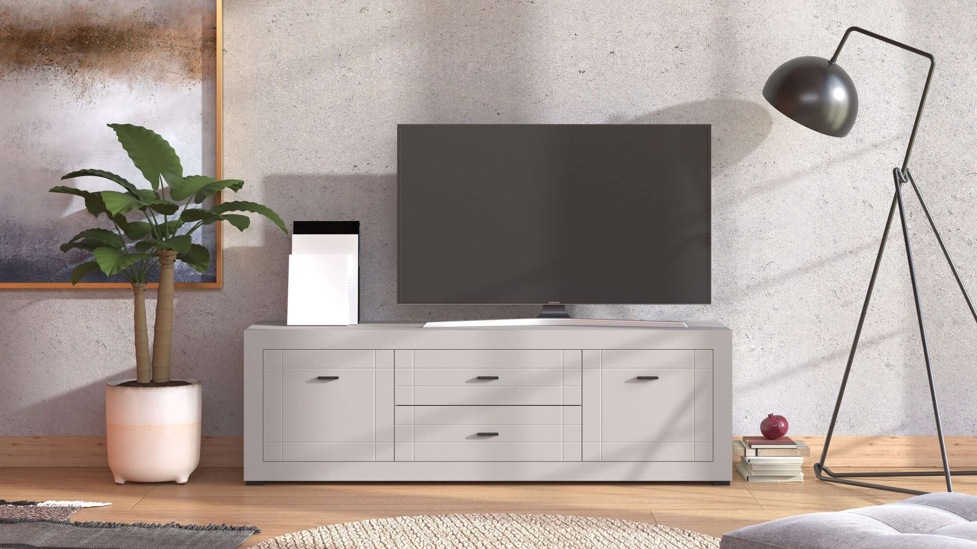 Lowboard HOME AFFAIRE "Warwick TV-Board, TV-Kommode, TV-Schrank, TV-Unterschrank, TV-Möbel", weiss (kaschmir), B:166,5cm H:53cm T:41,5cm, Holzwerkstoff, MDF, Sideboards, Lowboard, Elegantes Lowboard in Kaschmir mit viel Stauraum, Heissfolienprägung kaschm