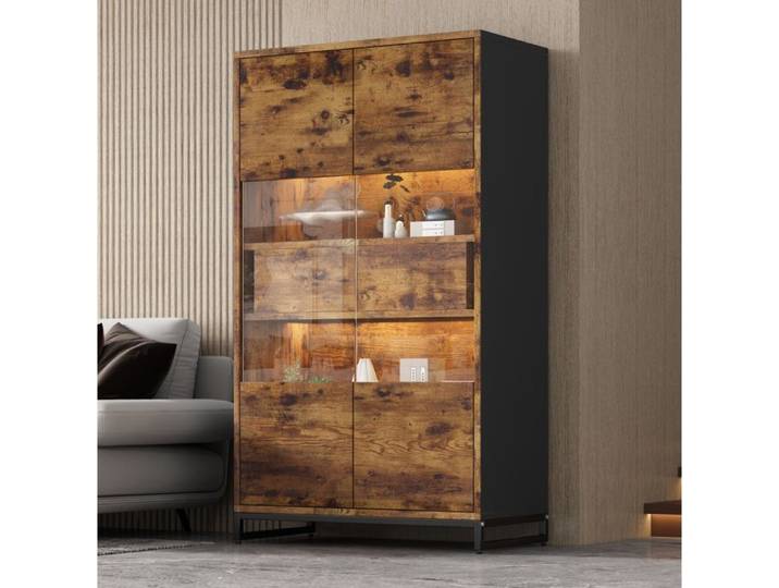 WOVREO Vitrine 80x40x138 cm avec LED Bluetooth 2 tiroirs 6 compartiments portes en acrylique noir décor bois