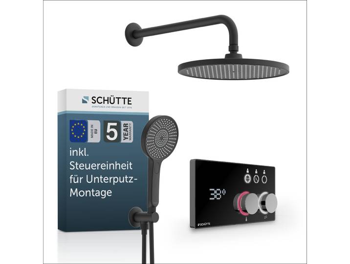 Duschsystem SCHÜTTE AQUADOT , schwarz (schwarz matt), ABS-Kunststoff, Brausegarnituren, Duschsystem, Überkopfbrauseset mit digitalem Duschsystem