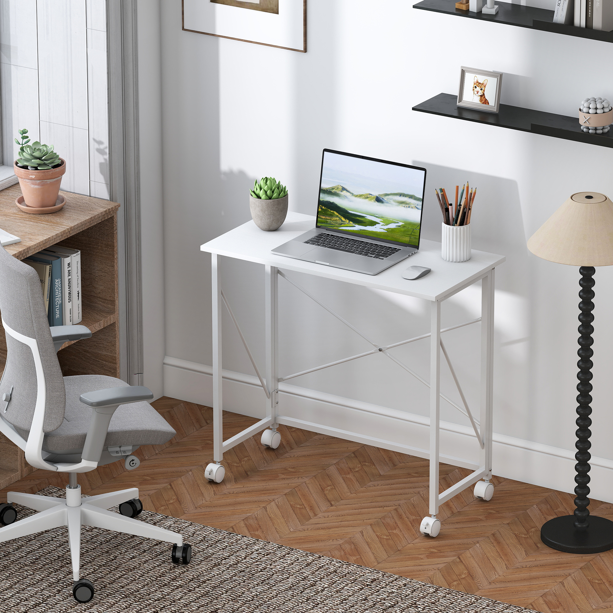 Homcom Scrivania Salvaspazio Pieghevole, 80x40x75 cm, Ruote a Freno per Casa, Studio e Ufficio, Bianco   Aosom Italy