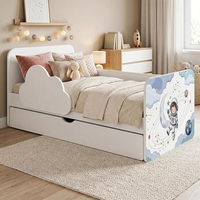 Kinderbett Wolke 160x80 cm Weiß | Regenbogen Motiv | Komplett-Set inkl. Matratze, Schublade & Rausfallschutz, Regenbogen-Design (Nr 434)