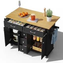 Küchenwagen 140x65x89 cm mit klappbarer Arbeitsplatte, 5 Schubladen, Schränken, Gewürz- und Handtuchhalter, mobil auf Rollen, Black Natural