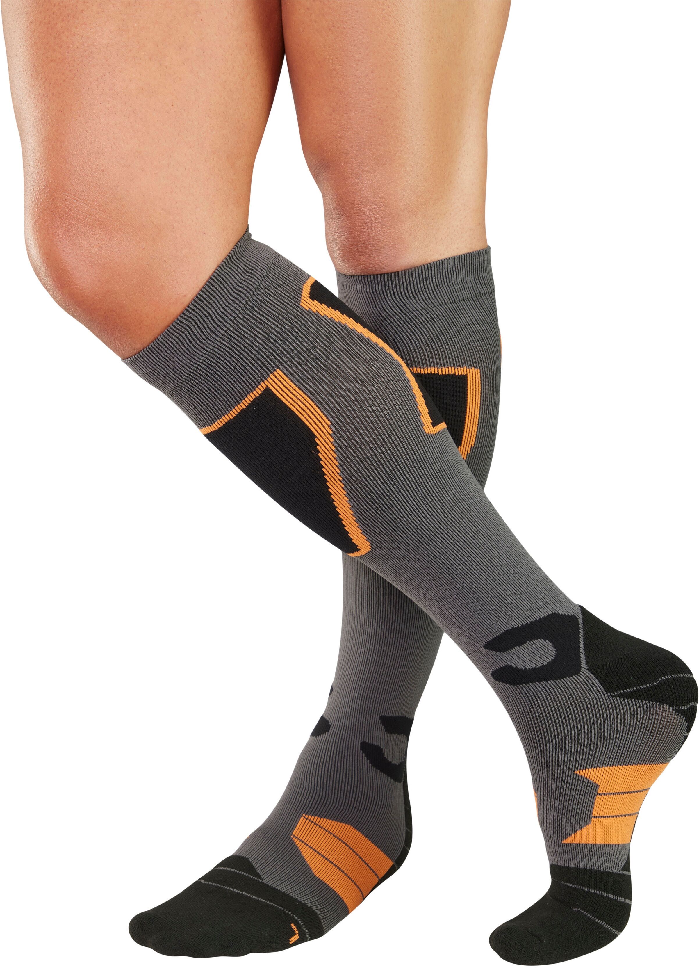Skistrümpfe BENCH. "gepolsterte Kniestrümpfe Snowboarden Skifahren Jagen Wandern", Damen, Gr. 43-46, grau (1x schwarz grau, 1x grau orange), Elasthan, Polyamid, Polyester, gemustert, elastisch, Socken Skistrümpfe, mit Funktionsplüsch für Herren und Damen