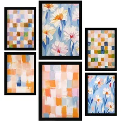 POSTER Set Mit 6 Orange & Blau Mosaik 1 In Zusammenfassungen A3 & A4 Schwarzer Rahmen