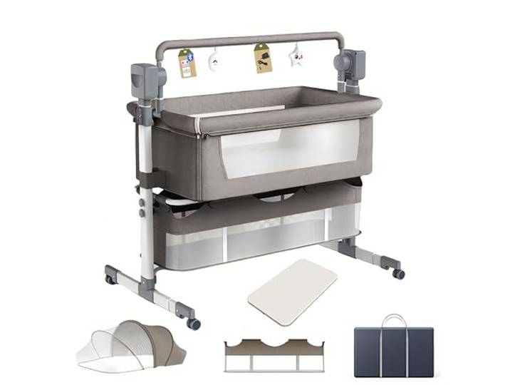 Aveainelle Babybett und Multifunktionales Kinderbett, Faltbare und Umwandelbare Babywiege, Verstellbare Beistellbett, Co-Sleeping Babybett und Rollen (hellgrau)