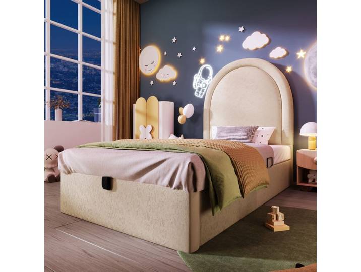 Lit Coffre Enfant - MERAX - 90x200 cm - Sommier Relevable - PU Beige - Design Demi-Arche