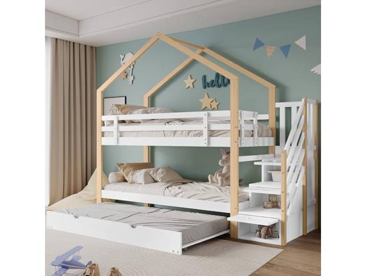 Ball & Cast Hochbett (90x200cm&90x190cm) Kinderbett mit Treppe und 3 Schubladen, Einzelbett mit Absturzsicherung, Lattenroste, Weiß+Natur