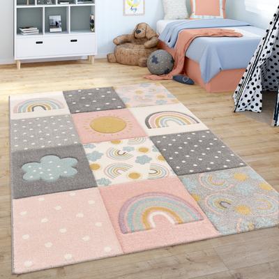 Paco Home Colorful Kids Rug for Girls Room with Rainbows & Clouds in Pink