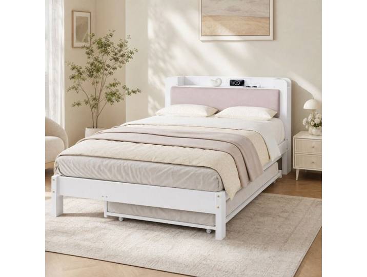 WUVRIE Lit fonctionnel 120 x 200 cm blanc avec lit gigogne 90 x 190 cm tête de lit rembourrée bois