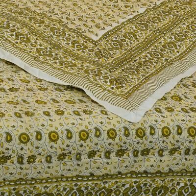Fabdivine Organic Cotton Quilt - Blue Green Floral, Reversible Handmade Natural Boho Bedding for Bedroom & Living Spaces