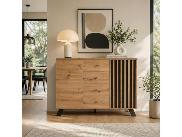 Buffet moderne 1 porte noire rainurée 4 tiroirs ALVA