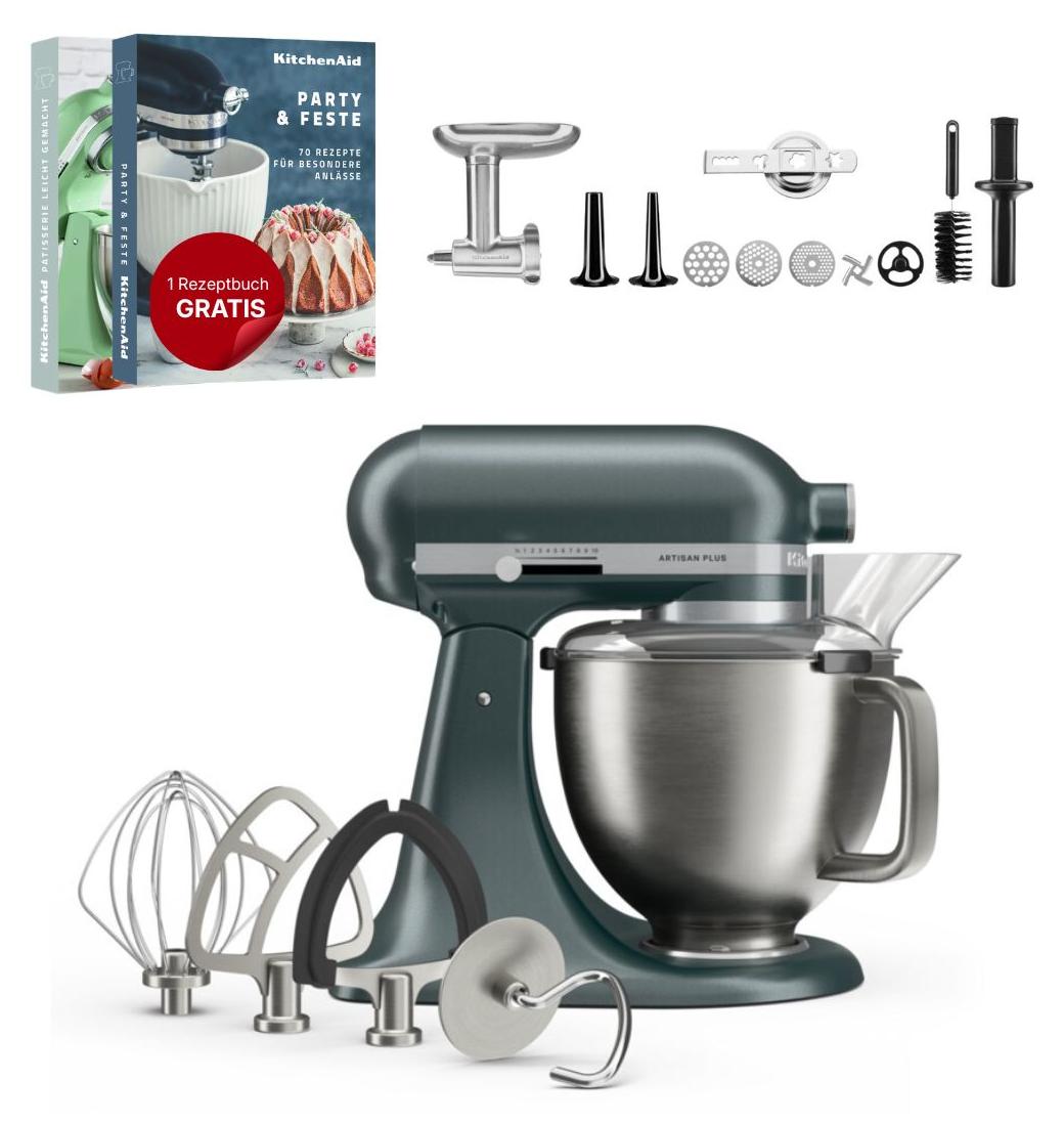 KitchenAid 4,7 L 5KSM50 Artisan Plus Küchenmaschine Meatlover mit Metallfleischwolf inkl. Spritzgebäckvorsatz Juniper