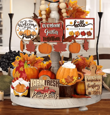 Uplift Curations Fall Harvest Wooden Tiered Tray Decor Set Farmhouse Autumn Pumpkin & Maple Leaf Centerpieces Fall Harvest Wooden Tiered Tray Decor Set Farmhouse Autumn Pumpkin & Maple Leaf Centerpieces