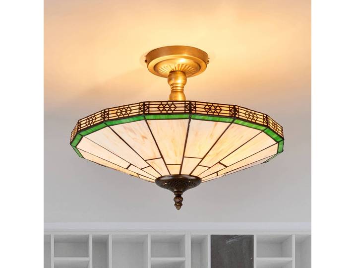 Searchlight Tiffany Deckenlampe New York, dimmbar, creme / amber, für Wohn- / Esszimmer, Metall, Tiffany, Deckenlampe