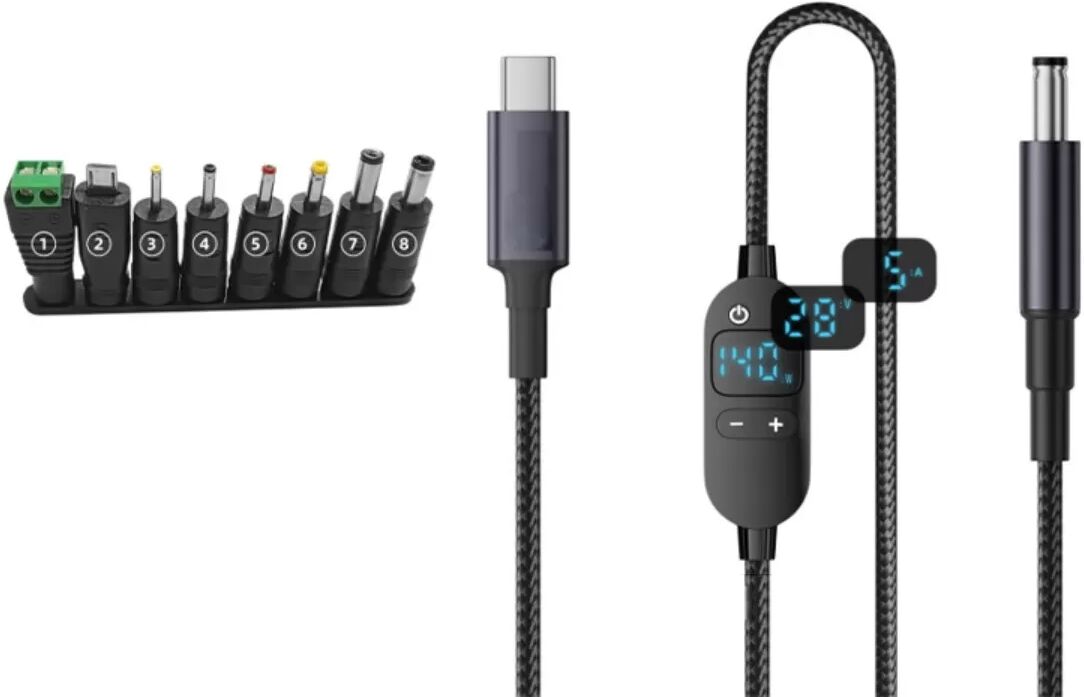INF Type-C zu DC einstellbares Spannungs-Ladekabel mit 8 Adapteraufsätzen und grüner Hülse, 140W PD3.1, 6 Spannungsstufen, 7A