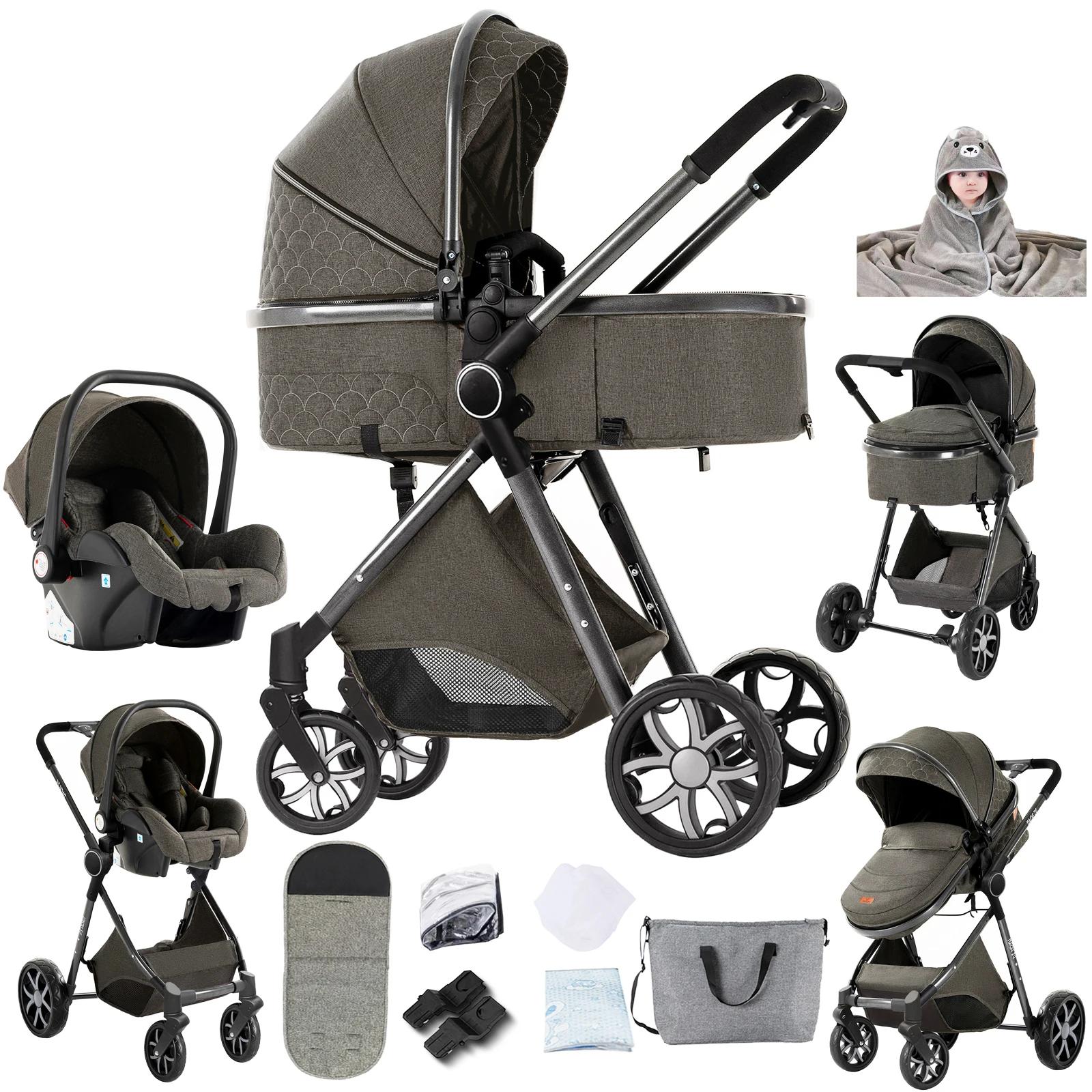 3-in-1 Kinderwagen - Kombikinderwagen Mit Babyschale - Faltbar - Wendeeinheit - Verstellbare Rückenlehne - Gefederte Geländeräder - Dunkelgrau