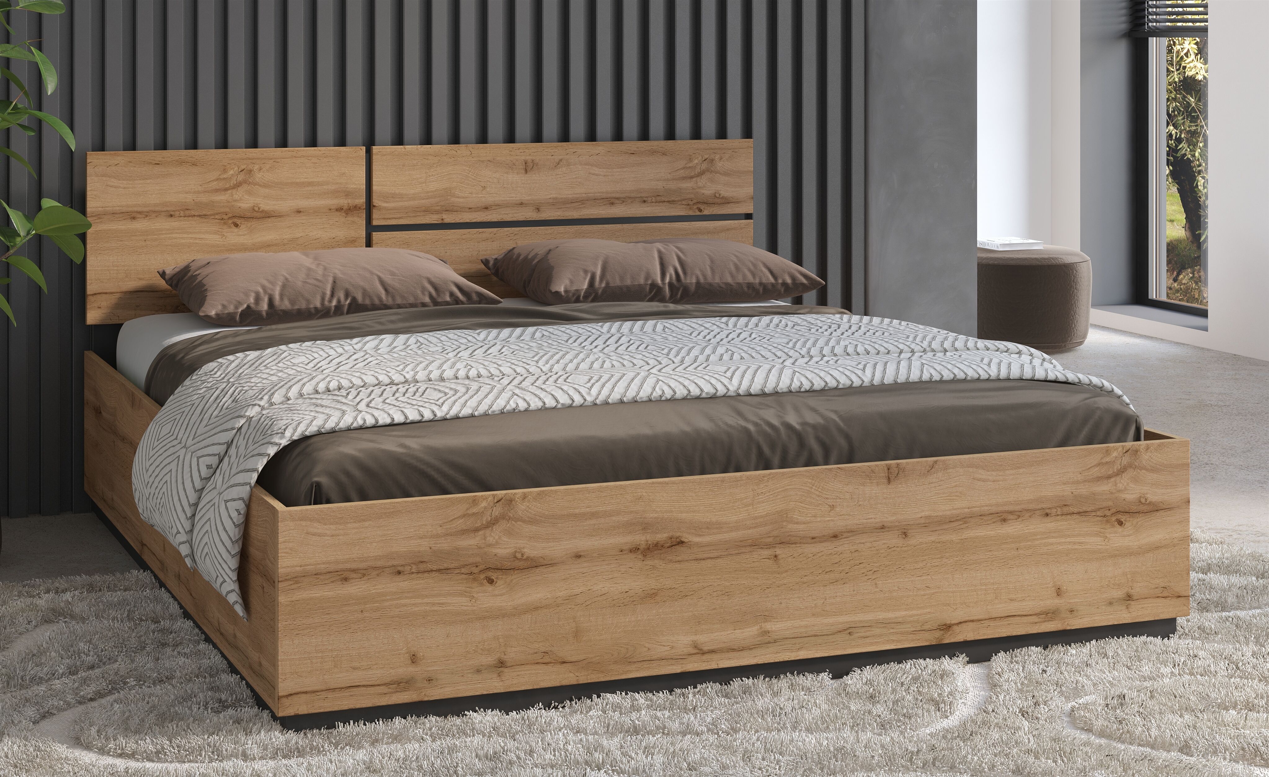 Bett GOODPRODUCT "Cross, moderner Bettrahmen", braun (wotan eiche, wotan eiche, schwarz, wotan eiche), B:184cm H:91cm L:205cm, Betten, Bett, Doppelbett in zwei Grössen, stabiles Bettgestell wotan eiche, wotan eiche, schwarz, wotan eiche Liegefläche Länge 