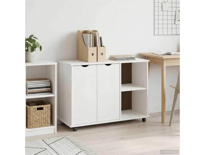 Rollschrank mit Rollen Weiß Massivholz Kiefer 100 x 39 x 65,5 cm Mobiler Kiefernholz natur, matte Oberfläche, Schubladen und Regale, Rollen gleiten leise, vielseitig einsetzbar