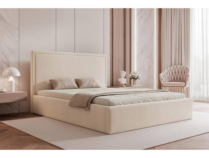 Compleo Polsterbett Design Bett, Elegant und Glamour Design, Doppelbett, gepolstertes Kopfteil mit Bettkasten