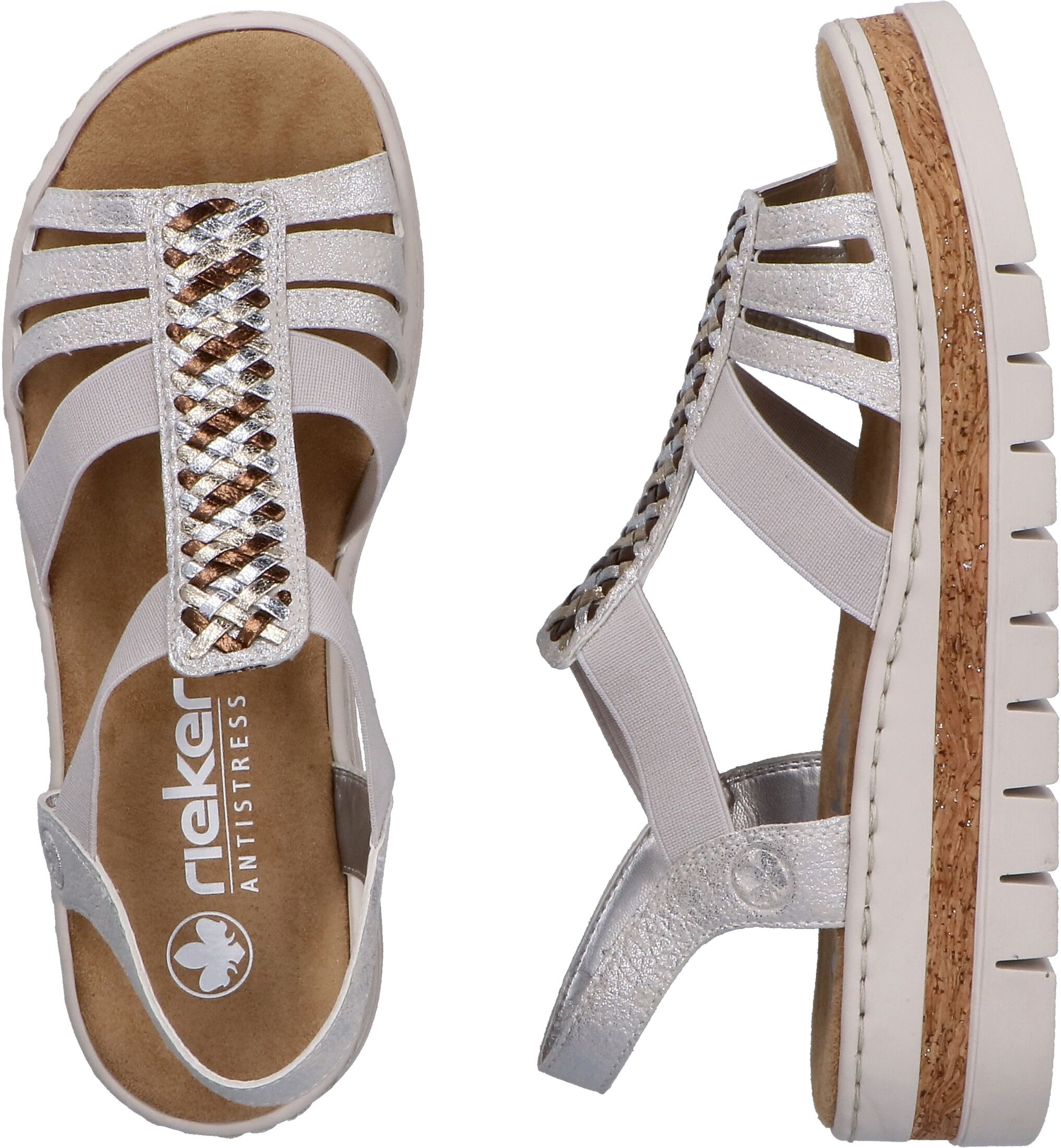 Keilsandalette RIEKER, Damen, Gr. 42, silberfarben, Lederimitat, metallic, Schuhe Keilsandalette, Keilsandalette, Plateausandale, Sommerschuh in Metallic-Optik silberfarben 42