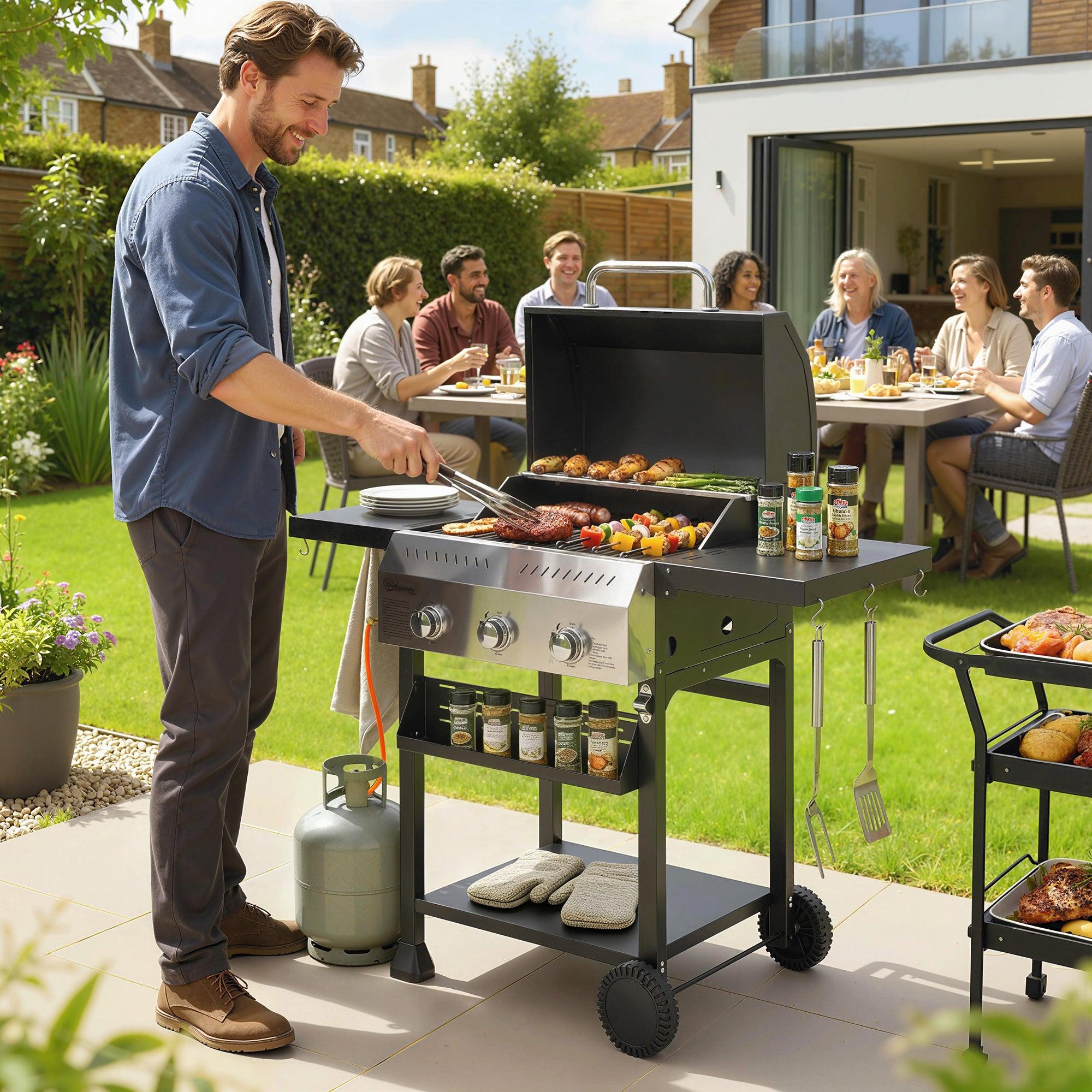 Gasgrill 9 kW mit 3 Brennern | Farbe: Schwarz | Abmessungen: 123x57x102 cm