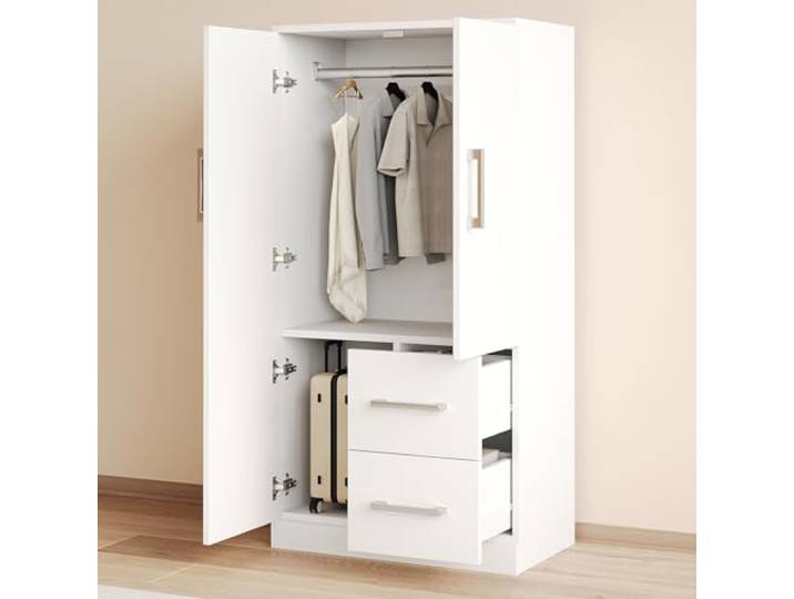 Merax Kleiderschrank 70x40x135 cm, Kinderkleiderschrank mit Doppeltüren, Schubladen und Staufächern, flexibel platzierbar für Hochbetten, langlebige Materialien, weiß