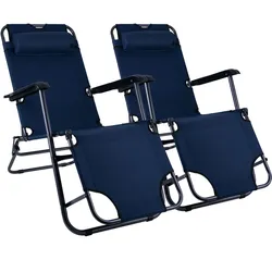 Klappstuhl Gartenstuhl mit Kopfkissen Hochlehner Sonnenliege Strandstuhl Campingstuhl Liegestuhl klappbar, Metall Textil blau schwarz, max. 100kg, L 153 cm, 2er Set