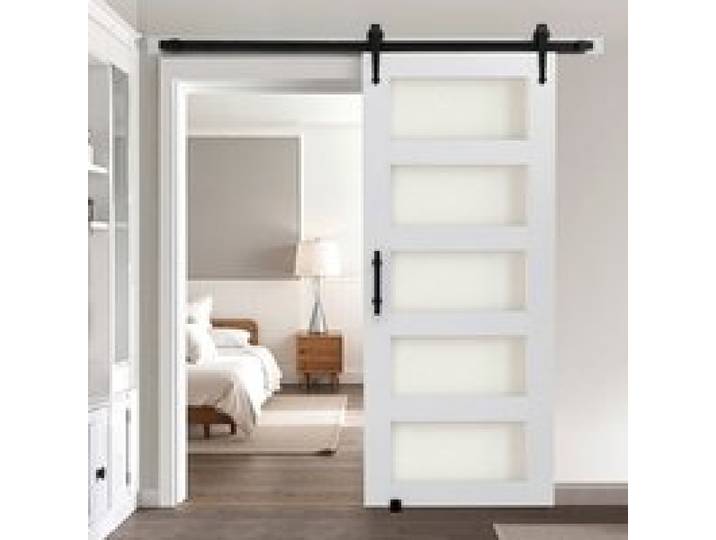 VEVOR Schiebetür im Scheunenstil Schiebetürsystem (813 x 2134 mm) aus hochfesten MDF-Platten & Milchglas, Scheunentor mit Hardware-Kit & wasserfester PVC-Oberfläche & H-Rahmen für Badezimmer