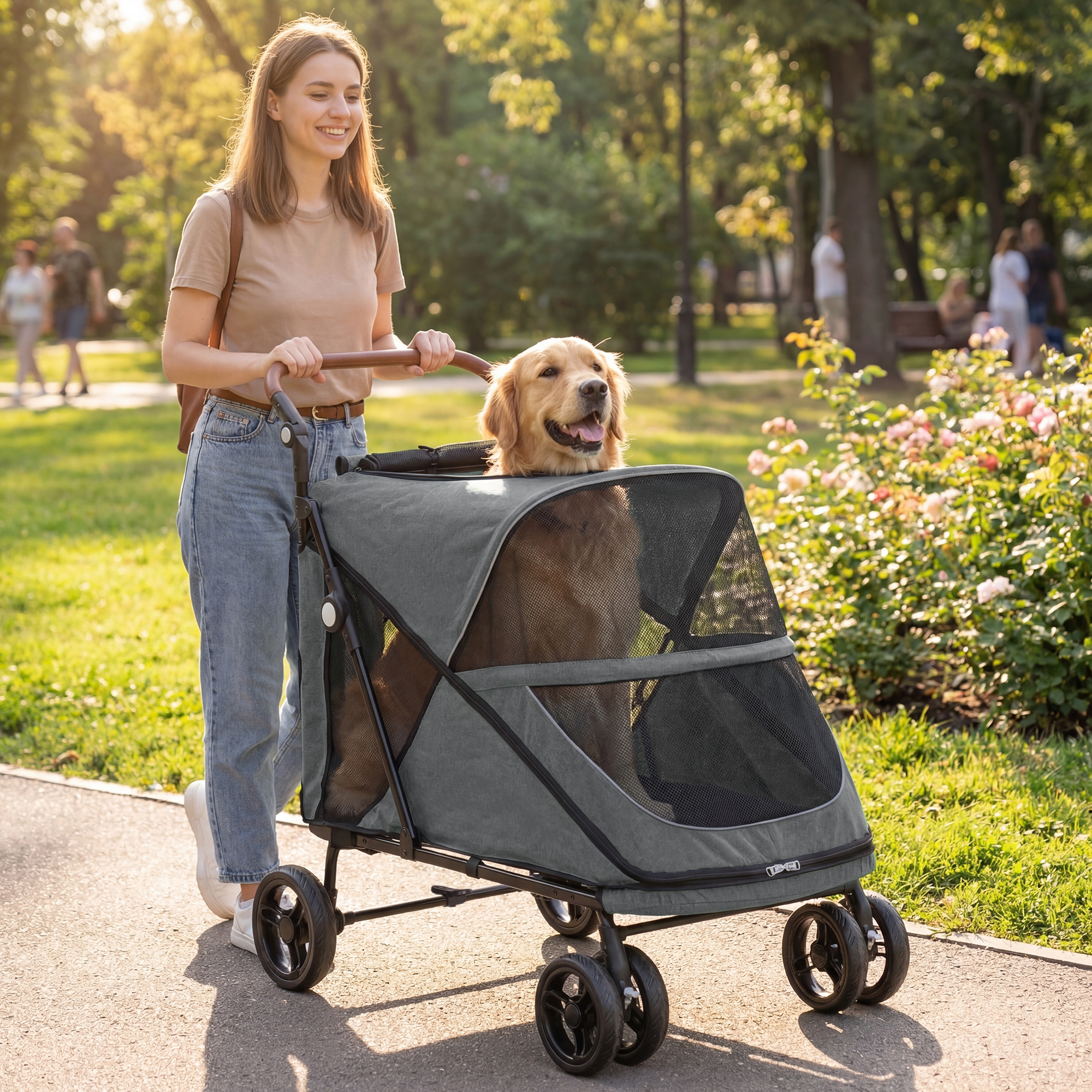 Pawhut Passeggino cani pieghevole fino 30 kg con ruote 360° e cuscino, Grigio   Aosom Italy