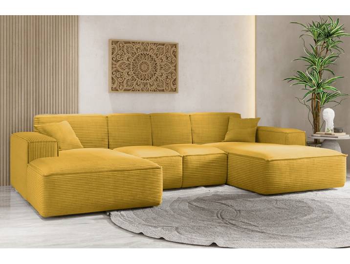 Kaiser Möbel Ecksofa, Eckcouch U form, Wohnzimmer Couch Large 342cm SIENA stoff Poso Gelb