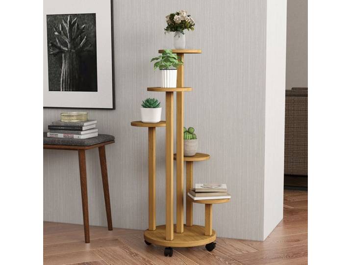Étagère pour plantes - 5 niveaux - Bambou naturel - Roulettes verrouillables - Ø33 x H90 cm