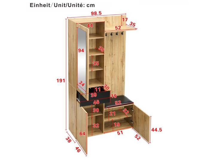 Garderobe avec 5 crochets miroir armoire à chaussures armoire montée avec étagères supérieures tiroirs compartiments supérieurs