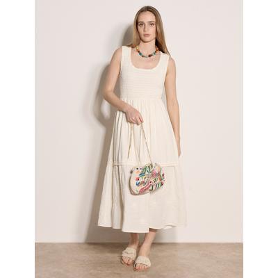 Maxikleid APRICOT "Besticktes, gestuftes Maxikleid", Damen, Gr. XS (34), N-Gr, beige (creme), gewebt, Obermaterial: 100% Baumwolle CO., geblümt, Modern, Kleider Maxikleid, mit Blumenmuster