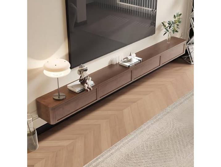 Schwebender TV-Ständer, modernes wandmontiertes Entertainment-Center Mit nach unten gerichteten Schranktüren, Massivholzfurnier lowboard