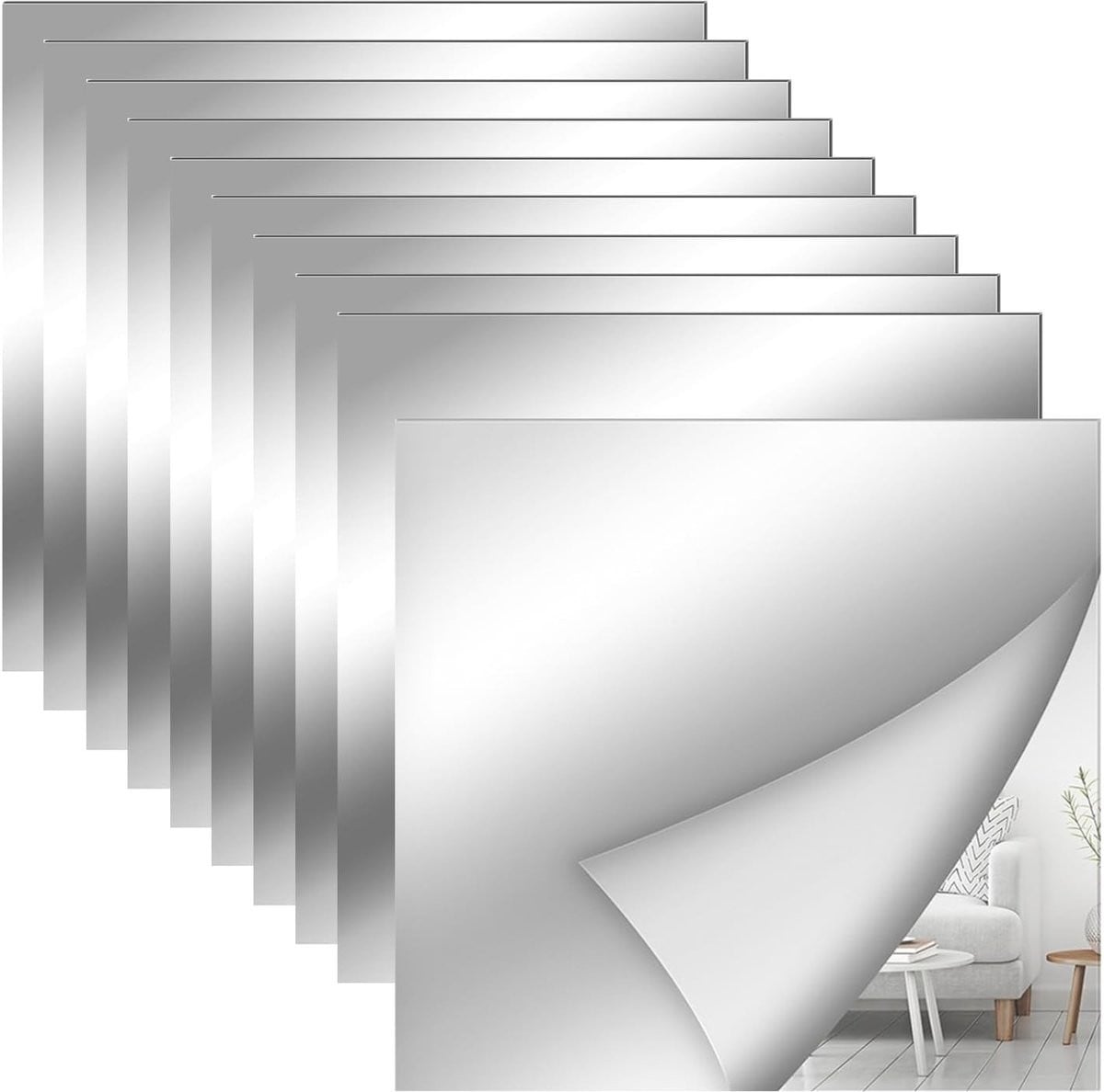 Dailygoods 10 stuks zelfklevende acryl spiegelstickers, 15 x 15 cm, flexibele spiegeltegels voor muren