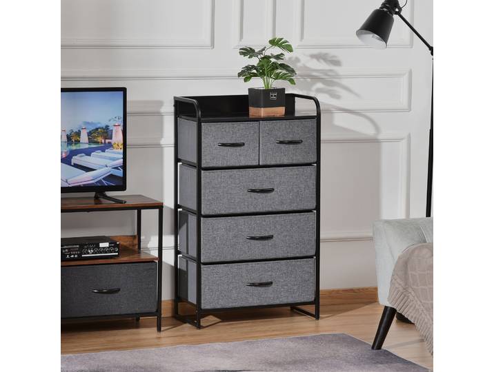 HOMCOM Commode 5 Tiroirs Tissu Gris 58x29x99cm