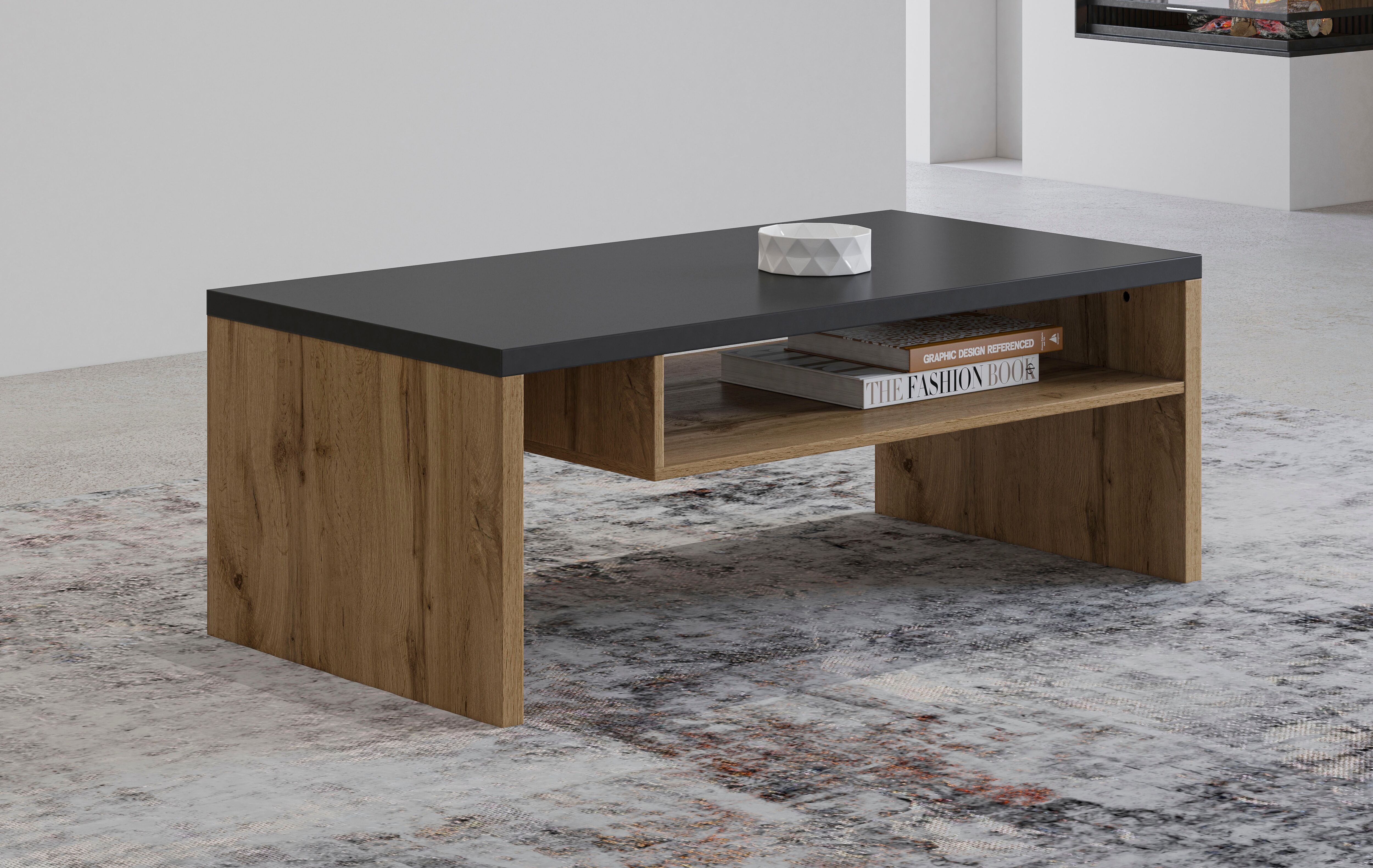 Couchtisch GOODPRODUCT "Cross, Breite 120 cm, moderner Sofatisch für Wohnzimmer", braun (wotan eichefarben, schwarz, wotan eiche, schwarz), B:120cm H:45cm T:60cm, Tische, Couchtisch, Tisch mit offenem Fachboden wotan eichefarben, schwarz, wotan eiche, sch