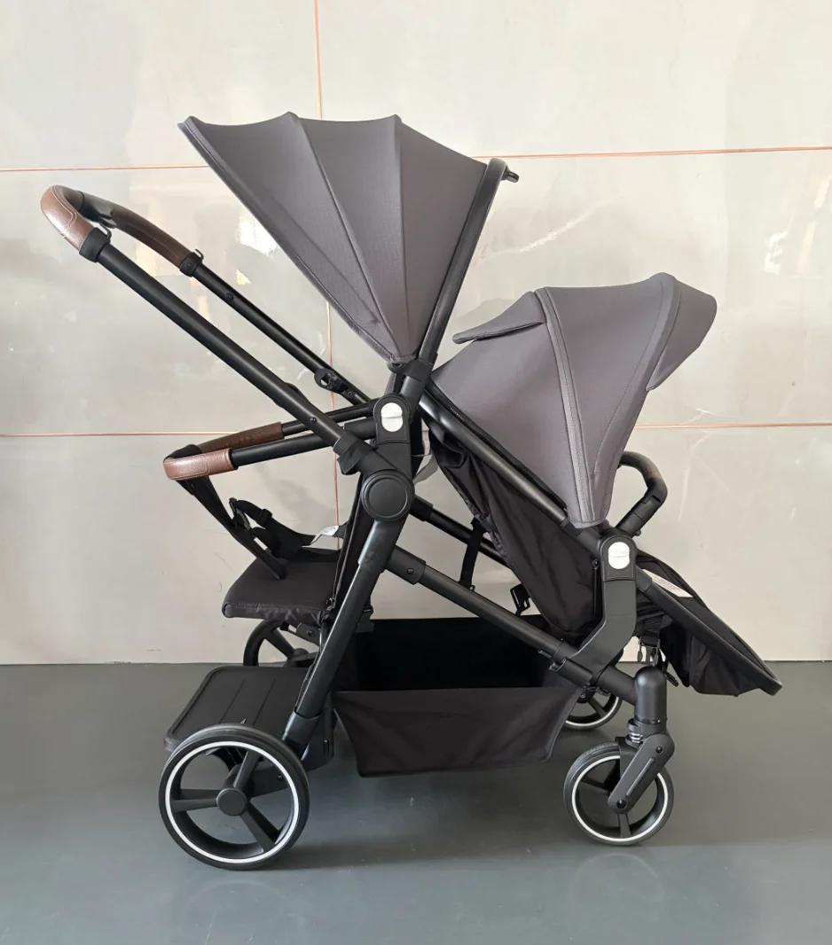Zwillingskinderwagen - S600TSS Tandem-Doppelkinderwagen mit Babywanne - Wendesitze - Fest montierter oberer Sitz - Faltbar - Für 1-2 Jahre - Grau