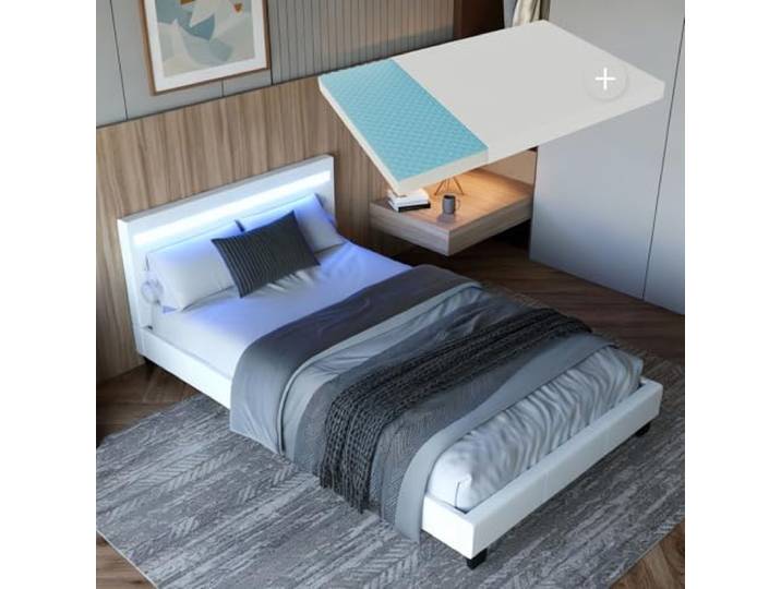 Juskys Polsterbett Paris 120x200 cm - Bett komplett mit LED-Beleuchtung, Matratze und Lattenrost - Kunstleder Bezug - weiß - Jugendbett
