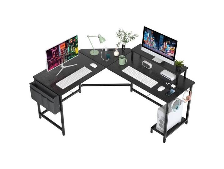 Bureau d'ordinateur d'angle en forme de L - PIPIPOXER - Noir - Prise de courant et support de moniteur