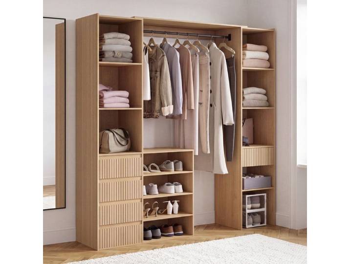 Dressing extensible double XXL JULIETTE 120/180 cm effet lattes tasseau bois avec tiroirs + étagères + penderie