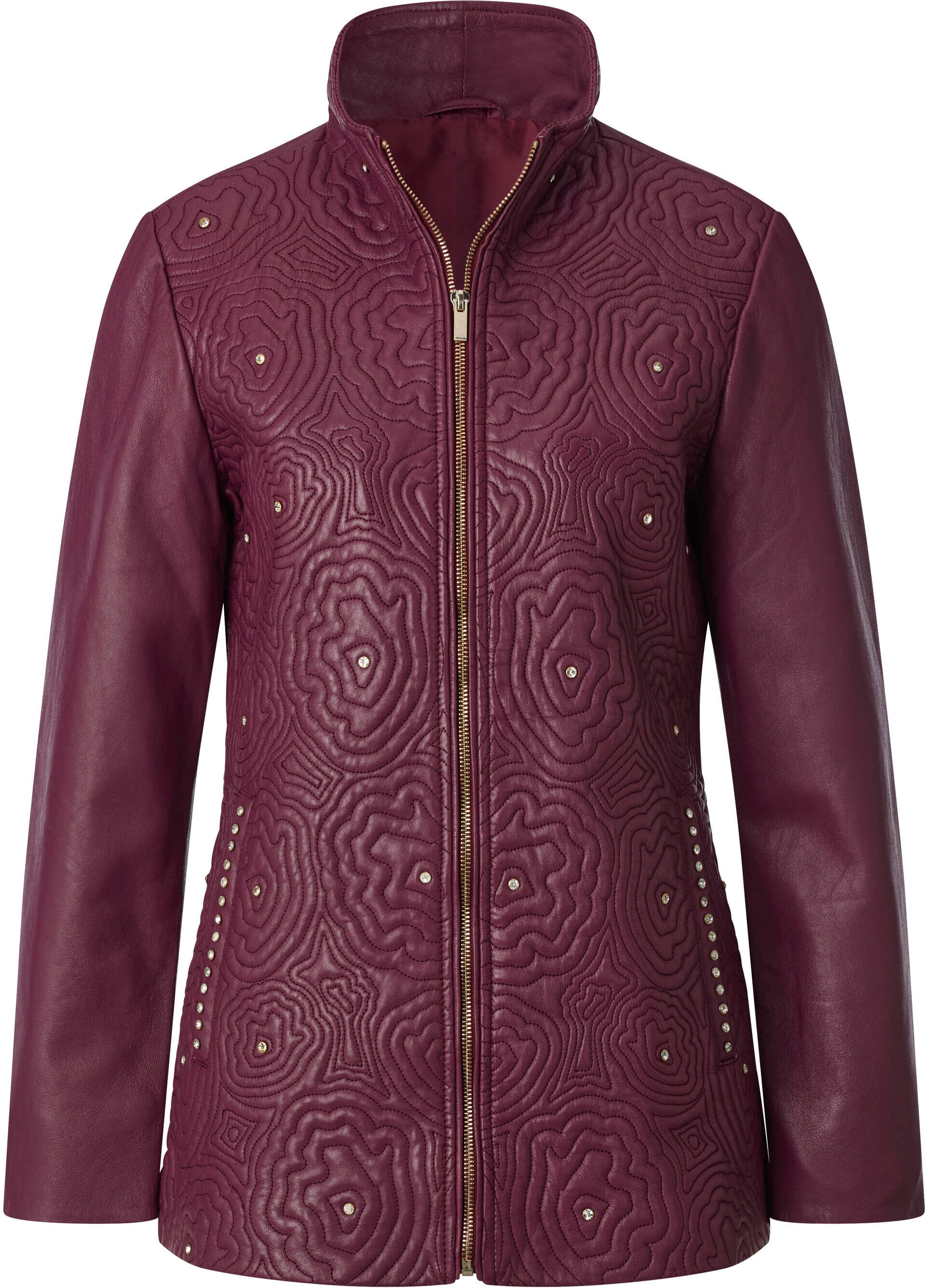 Lederjacke MAINPOL "Lammnappa-Lederjacke Lederjacke mit Blütenstickerei", Damen, Gr. 48, bordeaux, Elegant, Jacken Lederjacke