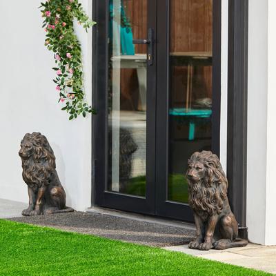 Glitzhome MGO Vintage Sitting & Lying Lion Guardian Garden Statue Porch Sculpture Indoor Outdoor