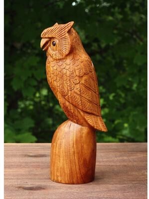 G6 Collection Wooden Handmade Owl Standing on a Tree Branch Statue Figurine Handcrafted Art Home Decor Hoot Sculpture Hand Carved Accent