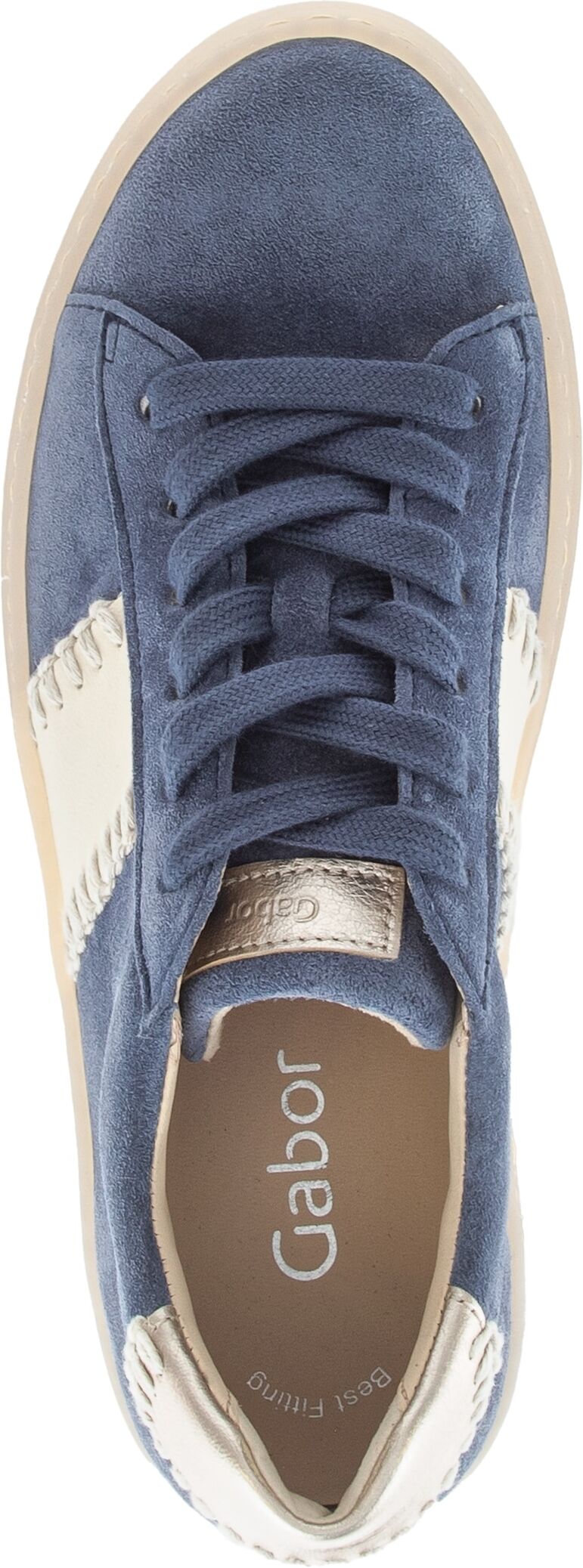 Plateausneaker GABOR, Damen, Gr. 41, Leder Textil, blau (jeansblau, creme, goldfarben), Nappaleder, Veloursleder, kontrastfarbene Details, Schuhe Plateausneaker, Freizeitschuh, Halbschuh, Schnürschuh mit transparenter Laufsohle jeansblau, creme, goldfarbe